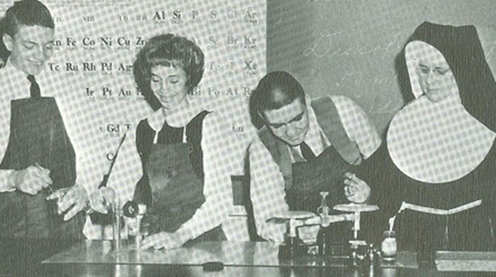 1960s students in lab with nun