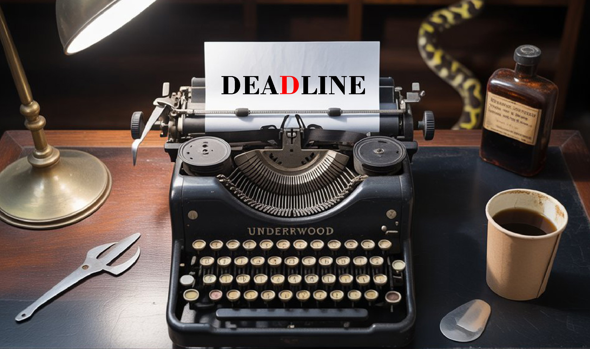 typewriter with paper that reads deadline