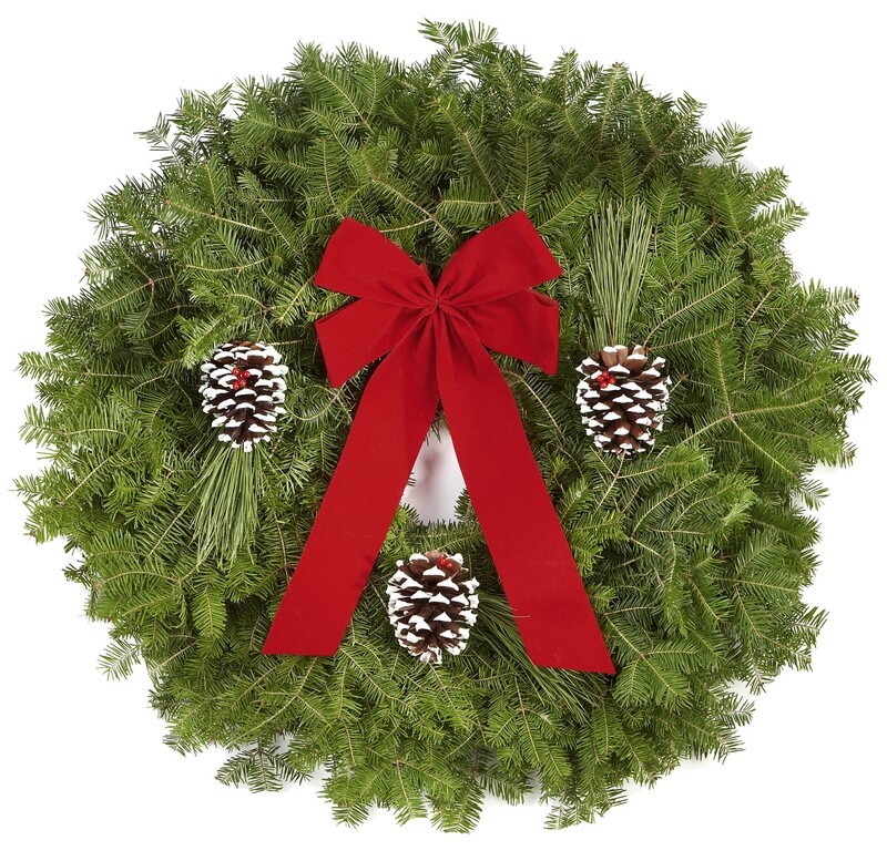 Christmas wreath with red ribbon and pine cones