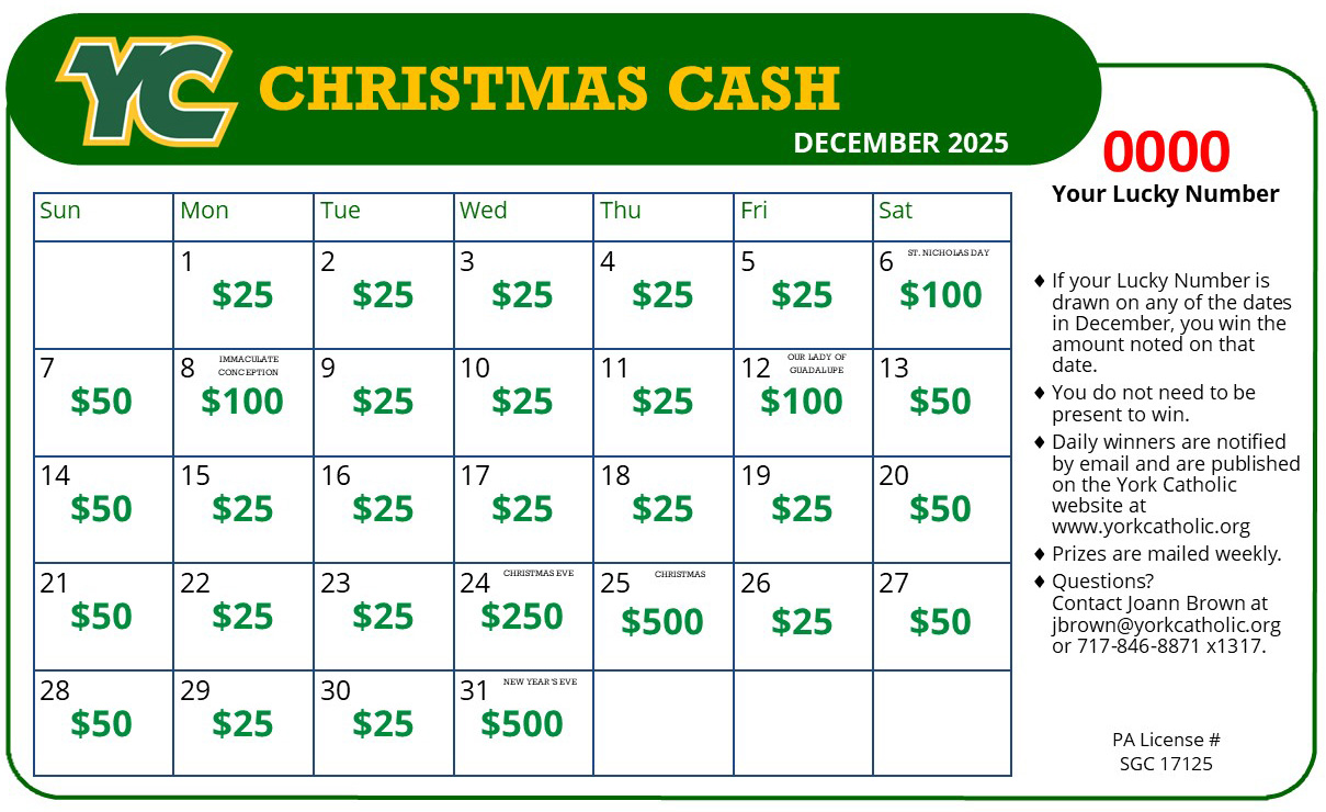 December calendar with daily cash values